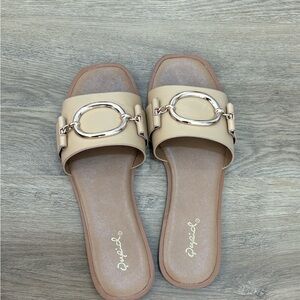 Qupid Beige Slide Sandals with Gold Accent